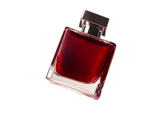 Elegant red perfume bottle with a sleek design, perfect for luxury fragrance branding against a white background.