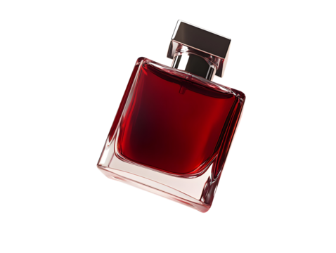 Elegant red perfume bottle with a sleek design, perfect for luxury fragrance branding against a white background.