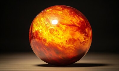 Orange and red swirled sphere on brown surface.