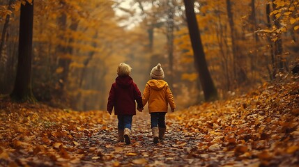 Fototapeta premium Children walking hand-in-hand along a forest trail, the ground covered in golden and brown leaves.