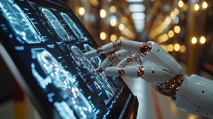 A close-up shot of an AI robot's hand interacting with a tablet displaying complex 3D medical imagery