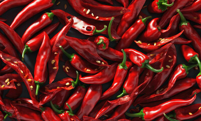A close-up of red chili peppers scattered on a dark surface