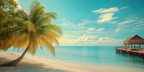 Tropical beach paradise with palm trees and overwater bungalows