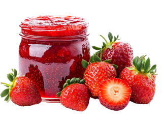 Fresh strawberries and a jar of sweet strawberry jam on a white isolate background.