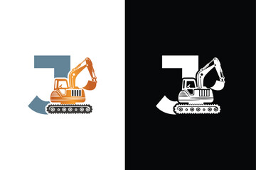 Letter J excavator logo template vector. Heavy equipment logo vector for construction company.