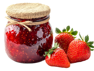 Delicious homemade strawberry jam in a jar, complemented by ripe strawberries on the side, ideal for breakfast spreads.