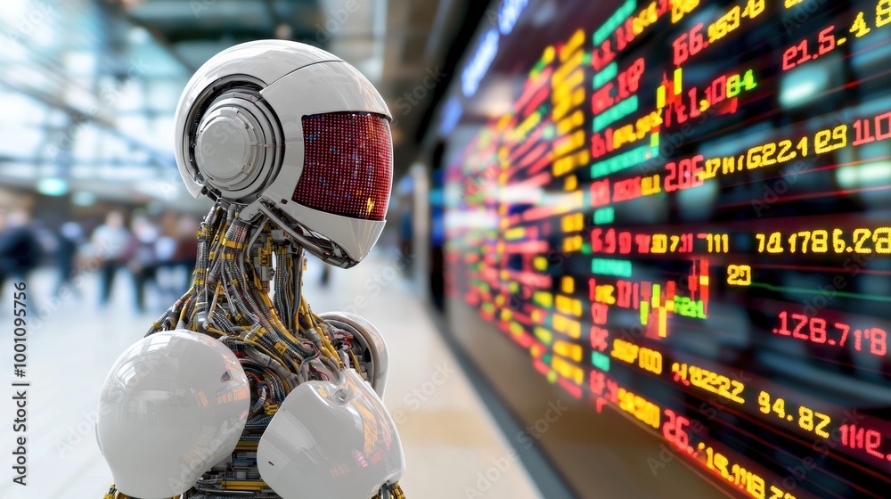 Poster futuristic robot analyzing data in modern environment