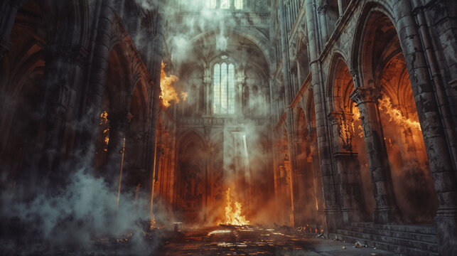 Interior of a majestic gothic cathedral engulfed in flames and smoke, with fire consuming the nave and illuminating ornate stone arches