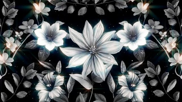 Animated Tropical black And White Flower, Leaf Background with particles