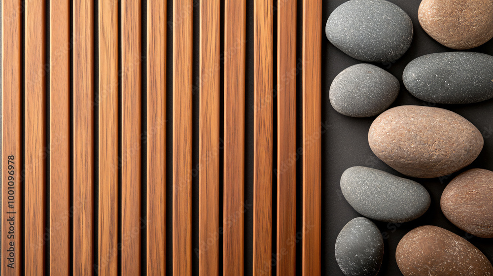 Poster wooden slats forming a textured background with pebbles arranged on the side on a black surface, off