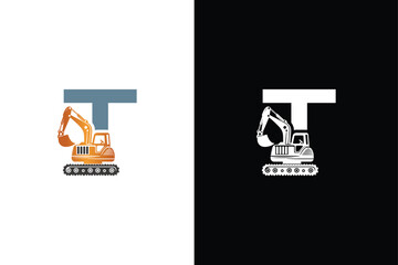 Letter T excavator logo template vector. Heavy equipment logo vector for construction company.