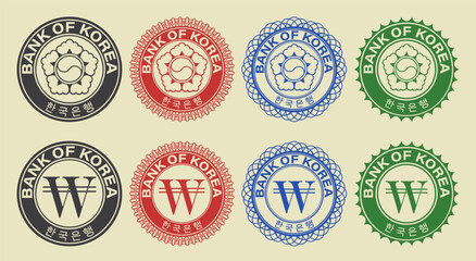 Vector graphic set of financial fictional seals of South Korea. Collection of round icons with five petals, Yin and Yang, won symbol, inscription in Korean means bank of Korea.