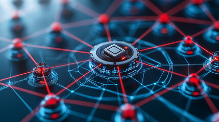 Futuristic digital security system with glowing red nodes and interconnected lines, representing advanced technology and cybersecurity concepts