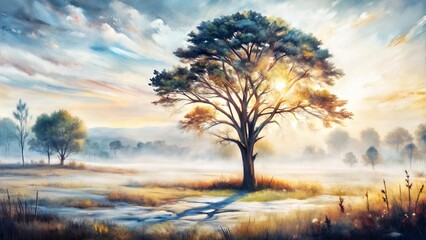 Glowing tree in vibrant landscape at sunrise, surrounded by misty grass and soft hills, foggy morning