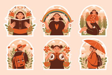 Big collection of clip arts with cute naive illustrations of women on nature, outdoor. Reading book, walking with umbrella, holding rainbow in hands, standing with backpack, sitting on grass. Harmony