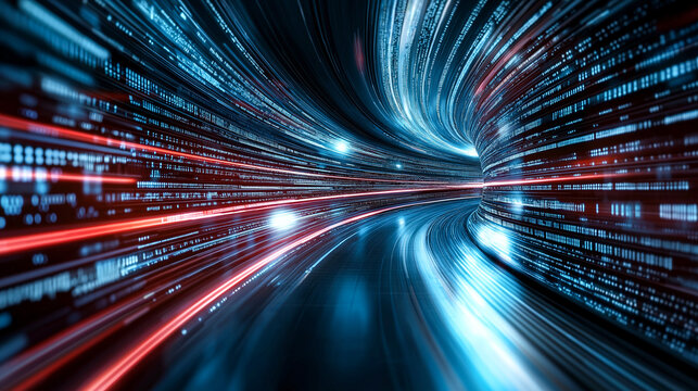 Futuristic digital tunnel with vibrant blue and red light streaks, creating sense of speed and motion. abstract design evokes feeling of advanced technology and innovation