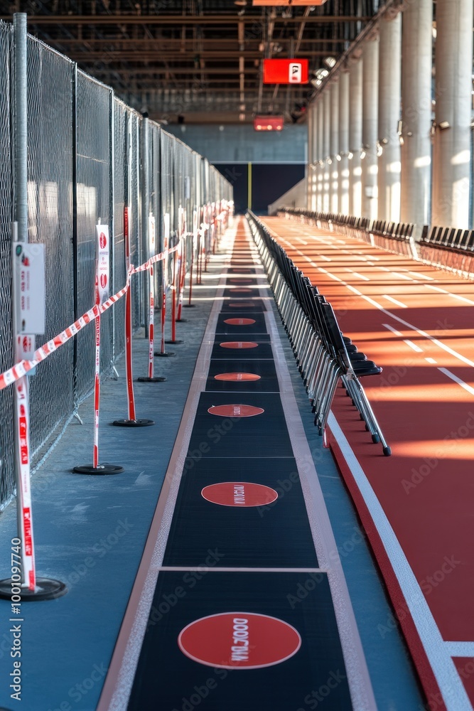 Poster A long indoor track with marked lanes and seating along the sides.