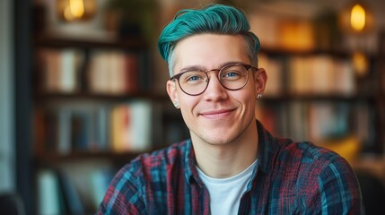 Fototapeta premium Confident Young Man with Teal Hair and Glasses, Smiling in a Cozy Library Setting Stock Photography for Lifestyle and Fashion