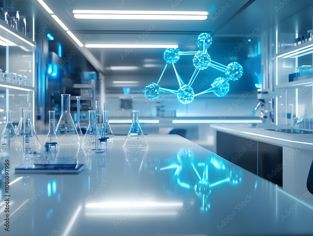 Poster modern laboratory with molecular visualization