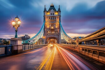Obraz premium historic tower bridge at night with traffic lights