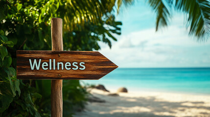 Fototapeta premium Wooden signpost pointing towards a tropical beach with the inscription wellness