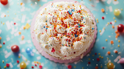 Birthday cake from above. Colorful Celebration Cake with Sprinkles on Blue Background. Top view of a festive cake adorned with colorful sprinkles and creamy frosting,