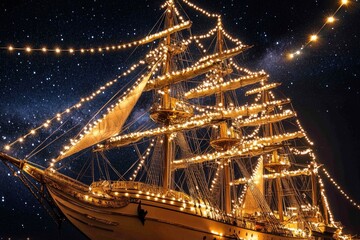 illuminated tall ship sailing under starry night sky