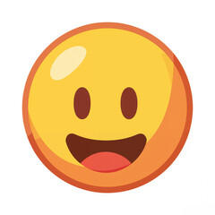 Fototapeta premium Emoji yellow smiley face with an open mouth, showing teeth and a red tongue. The face is a cartoon style with a slightly glossy appearance.