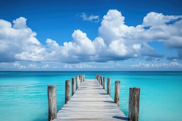 Fototapeta premium Serene tropical beach with wooden pier and turquoise waters