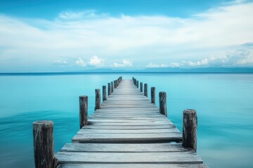 Serene wooden pier stretching into tranquil blue waters