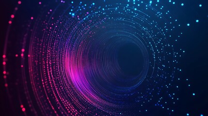 Obraz premium Abstract swirling neon light tunnel with purple and blue glowing particles on a dark blue background.