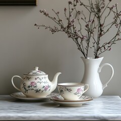 Fototapeta premium Cozy Afternoon Setting with Teacups and Framed Art