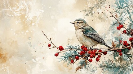 Watercolor illustration of a bird on a branch with red berries, vintage style, soft neutral colors, winter theme with copy space
