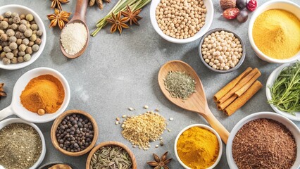 Top view of Herbs and spices isolated on background, ingredients for cooking food, healthy vegetables food, high fibers and vitamins.