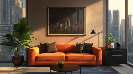 modern urban living room with city skyline view