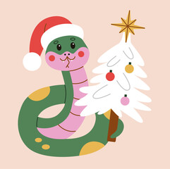 Festive snake wearing a Santa hat and holding a decorated Christmas tree. Flat style illustration perfect for holiday designs, greeting cards, and seasonal decorations.