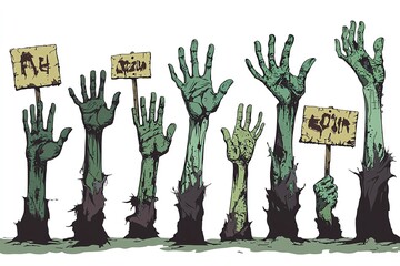 Colorful hands raised in solidarity, white isolated background