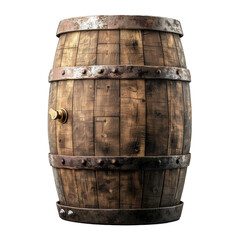 Obraz premium Old and weathered wooden barrel with iron rings and tap standing on white background