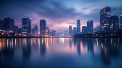 Stunning Urban Skyline at Dusk with Reflections on Water and Illuminated Skyscrapers