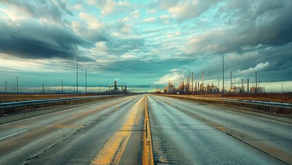 Obraz premium Serene Highway Under Dramatic Sky with Industrial Background