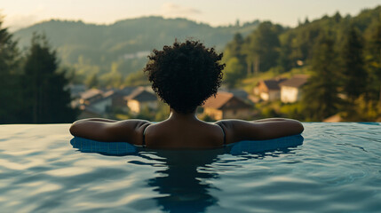 Traveler savors a peaceful moment in an infinity pool with a view of a lush valley at sunset