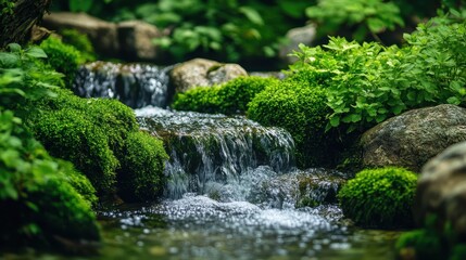 Serene Forest Stream with Lush Greenery and Moss-Covered Rocks in a Tranquil Natural Setting
