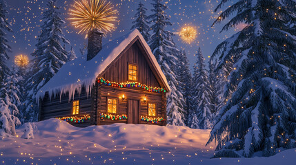 Fototapeta premium Cozy snow-covered winter hut in a forest, decorated with Christmas lights. Fireworks light up the sky, creating a festive holiday scene, perfect for Christmas and New Year themes.