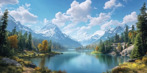Fototapeta premium Serene mountain lake landscape with autumn foliage