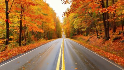 Serene Autumn Road Through Colorful Trees