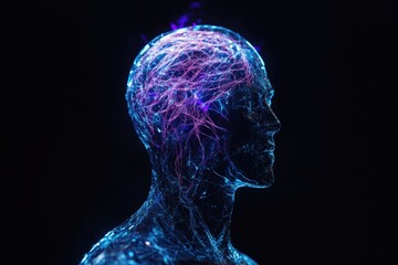 Obraz premium Glowing neural network in the shape of a human head