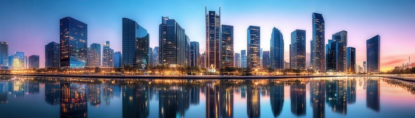 Stunning Panoramic View of Modern City Skyline at Dusk with Reflective Waterfront