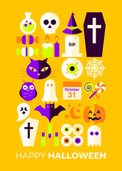 Fototapeta premium Happy Halloween Cute Greeting Card. Vector Illustration of Flat Style Background. Trick or Treat Postcard. Scary Party Concept. Horror Holiday.