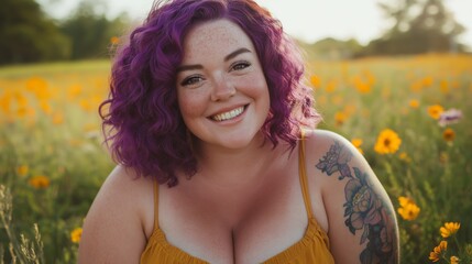 Woman with Purple Curls and Tattoos in a Meadow of Yellow Flowers Smiling on a Sunny Day, Perfect for Spring and Summer Themes