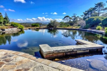 Obraz premium Tranquil pond reflecting a clear blue sky and rocks.